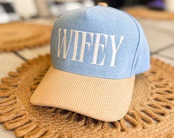 Wifey Embroidered Hat, Adjustable Snapback Cap, Denim Corduroy Hat, Bridal Baseball Hat, Ready To Ship Honeymoon Gift, Gift For Bride