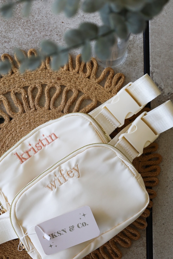 Embroidered Beige Monogram Belt Bag-- Custom Belt Bag, Bachelorette Gift, Gift for Bride, Bride Bag, Summer Belt Bag, Girls Trip Essentials