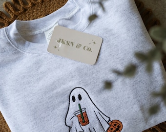 Embroidered Iced Coffee Ghost Crewneck,  Halloween Sweatshirt, Cute Ghost Sweater, Fall Fashion, Spooky Cozy Autumn Wear, Ghost with Coffee