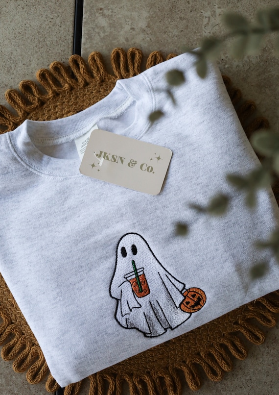 Embroidered Iced Coffee Ghost Crewneck,  Halloween Sweatshirt, Cute Ghost Sweater, Fall Fashion, Spooky Cozy Autumn Wear, Ghost with Coffee
