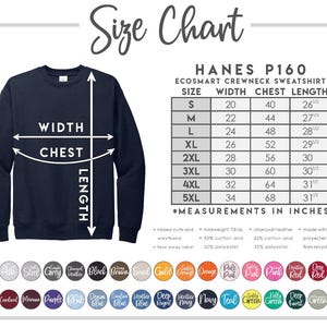 May include: Size chart for Hanes P160 EcoSmart Crewneck Sweatshirt. The chart shows sizes S through 5XL with corresponding width, chest, and length measurements in inches.
