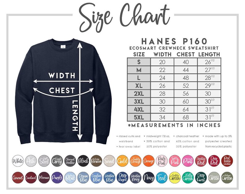 May include: Size chart for Hanes P160 EcoSmart Crewneck Sweatshirt. The chart shows sizes S through 5XL with corresponding width, chest, and length measurements in inches.