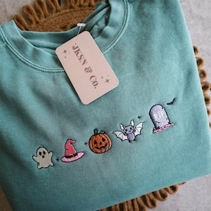 Halloween Mini Icons Embroidered Sweatshirt – Customizable Crewneck – Gildan, Comfort Colors, Independent Trading, Cute Spooky Sweatshirt