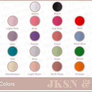 May include: A chart of 20 different thread colors for sewing and crafting. The colors are arranged in rows and columns, with the names of each color listed below. The colors include white, black, beige, light pink, pink, hot pink, red, yellow, golden yellow, lilac, purple, coral, steel blue, blue, navy, teal, grey, sage, green, mint, dark green, champagne, light rose, dark rose, orange, and auburn.