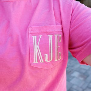 CUSTOMIZABLE Embroidered Pocket Monogram Tee-- Comfort Colors Tee, Gidt For Her, Gift for Bride, Bridesmaid Gift