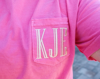 CUSTOMIZABLE Embroidered Pocket Monogram Tee-- Comfort Colors Tee, Gidt For Her, Gift for Bride, Bridesmaid Gift