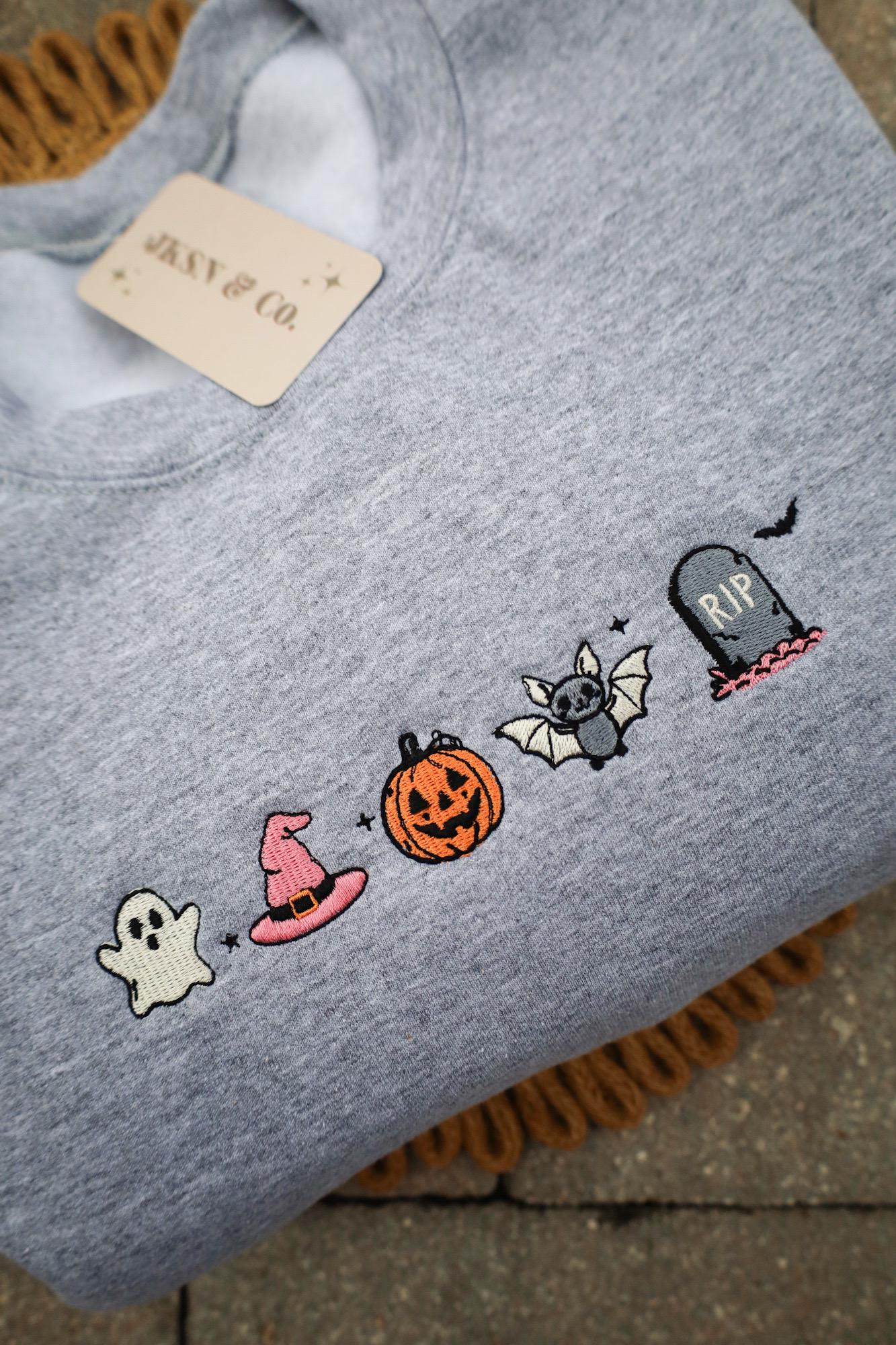 Halloween Mini Icons Embroidered Sweatshirt – Customizable Crewneck – Gildan, Comfort Colors, Independent Trading, Cute Spooky Sweatshirt