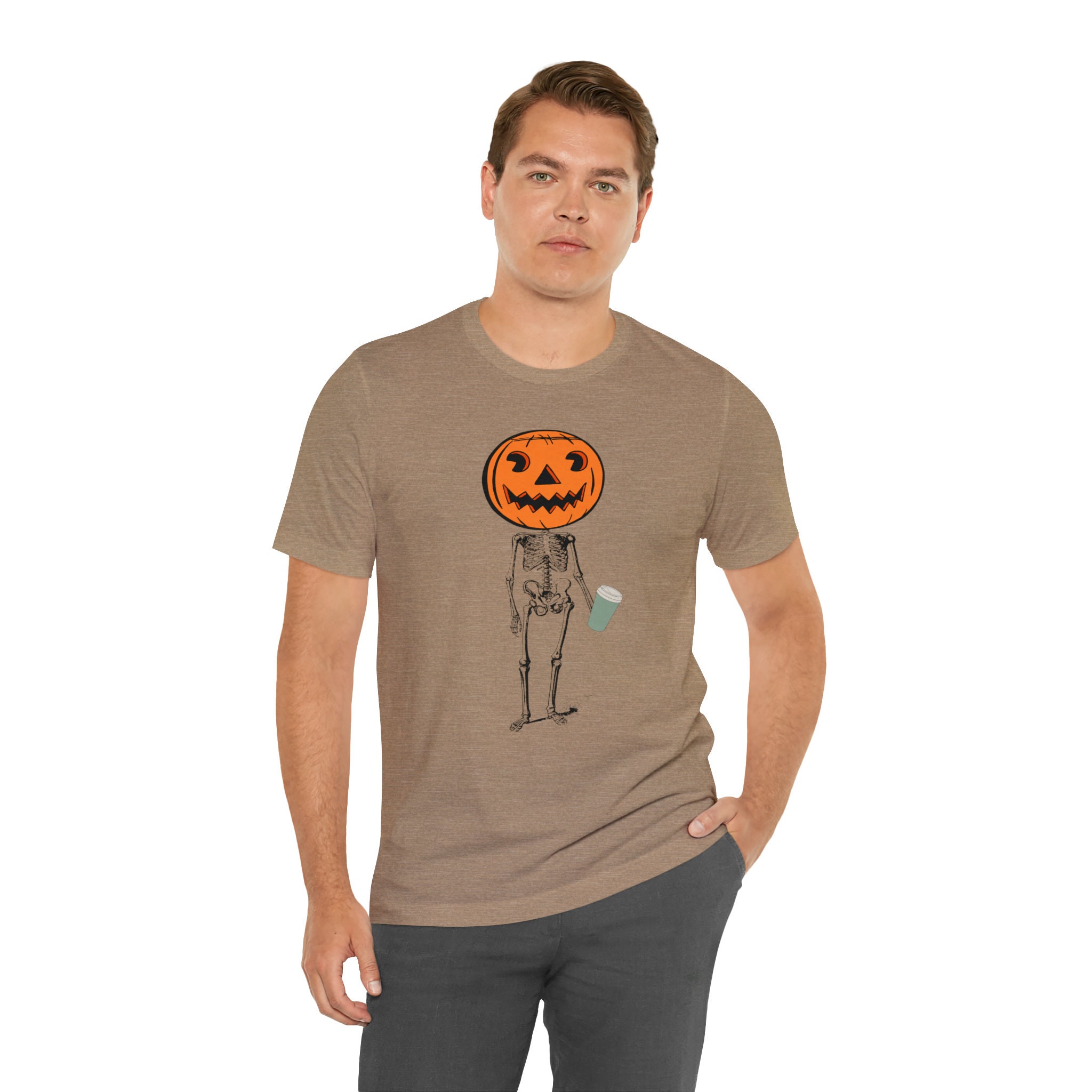 Discover Fall Shirt, Happy Skeleton Jack O Lantern Tee, Pumpkin Spice Drinking Skeleton, Mens and Womens Tee, Fall Colors  Design