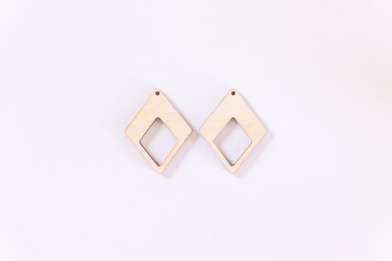Diamond square rectangle craft wooden unfinished wood laser cutout blanks for earrings and jewelry paintable craft for adults and kids. Circle cut out at top for wire and hook assembly DIY earrings and DIY jewelry oval round blank