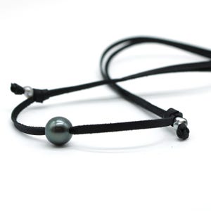 Halsband med svart tahitipärla i läder | Fars dag-present | Minimalistiskt glidande knuthalsband