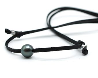 Leather Tahitian Black Pearl Necklace | Adjustable Unisex | Minimal Sliding Knot Necklace