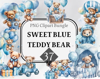 Watercolor Blue Teddy Bear ClipArt,  for a boy, commercial use, Blue Balloons, baby shower, sublimation, digital download, baby boy