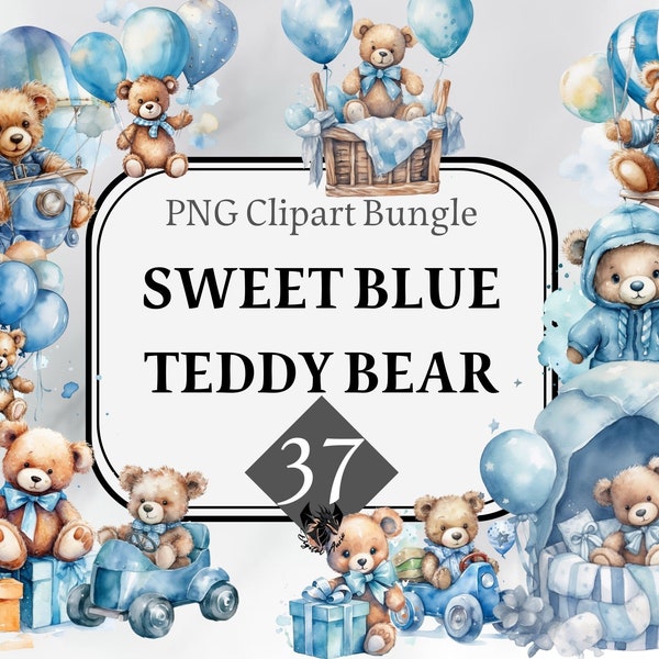 Watercolor Blue Teddy Bear ClipArt,  for a boy, commercial use, Blue Balloons, baby shower, sublimation, digital download, baby boy