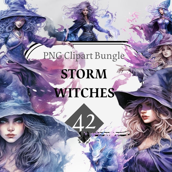 Storm Witch Watercolor Clipart, Witch Black style, Magical clipart, Witchcraft Bundle PNG, Mystical clipart, witch, Instant Download