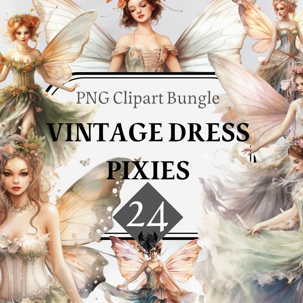 Vintage dress pixie clipart, Watercolor Fairy PNG, Vintage Clipart Bundle, Fantasy Clipart, Commercial Use, Instant Download, Sublimation