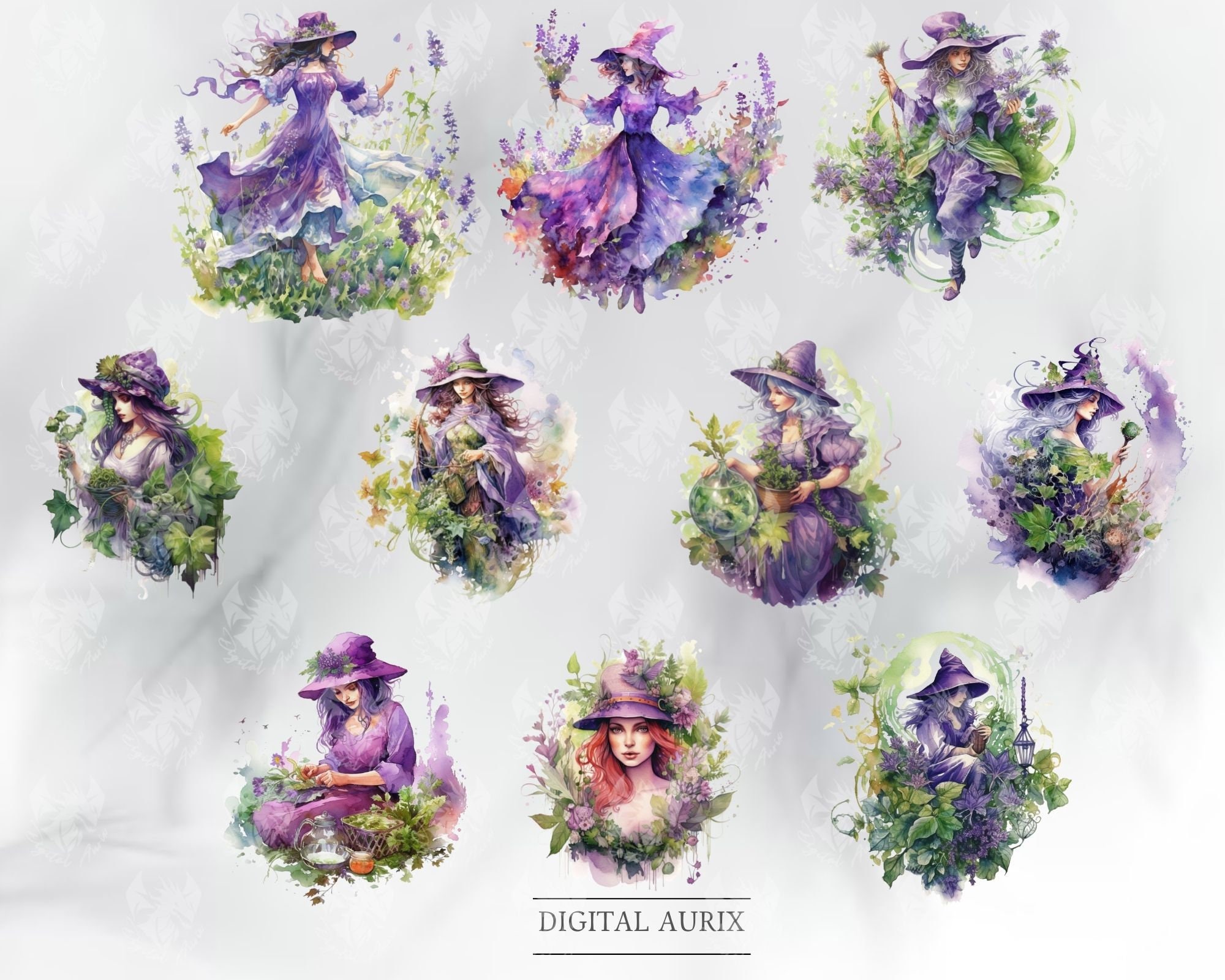 Herbal Witch Watercolor Clipart, Witch Black Style, Magical Clipart ...