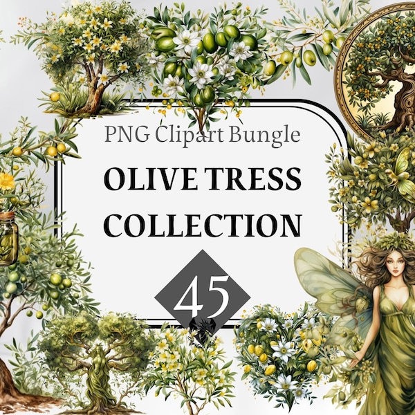 Watercolor Olive Trees Clipart Collecton, floral clipart, digital download, commercial use, Sublimation, digital art, blossom, Spring, pixie