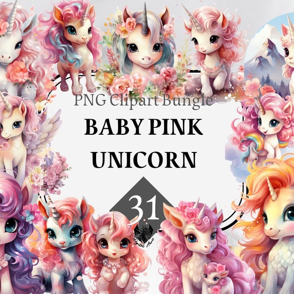 Baby Pink Unicorn Clipart, Fantasy, Flying Horse with wings, Pegasus Wall Art, Transparent PNGs, Digital Download, digital art, sublimation