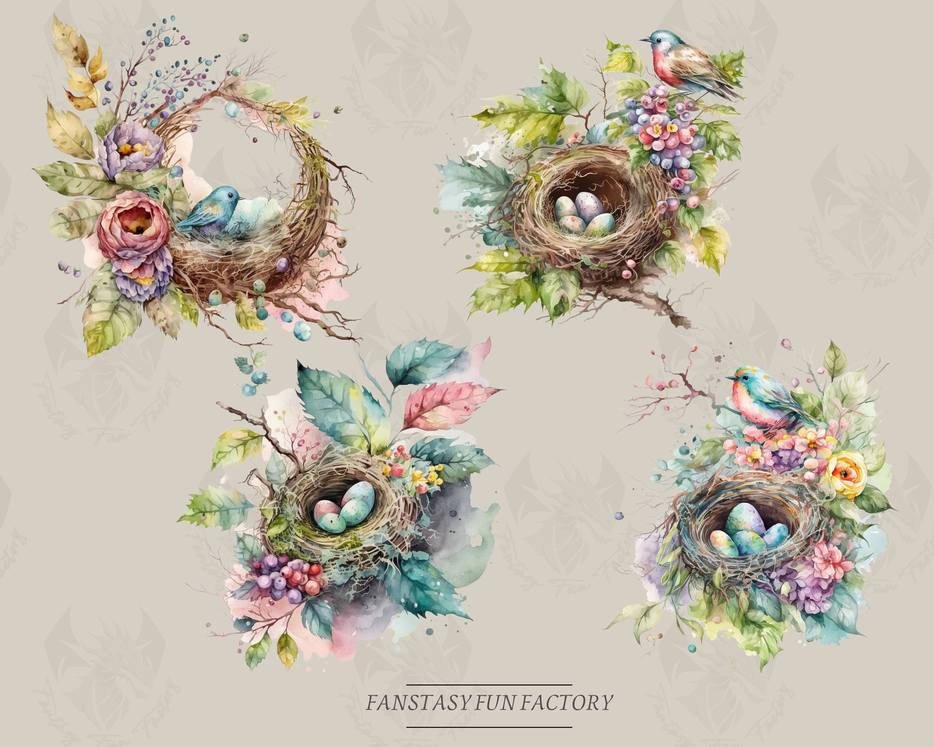 Watercolor Nests Clipart, Springtime, Cute, Bird Nests, Flowers ...