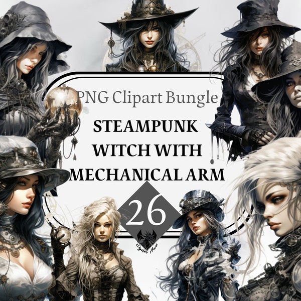 Beautiful steampunk witch with a mechanical arm clipart, Witch Black style, Magical clipart, Witchcraft Bundle PNG, witch, Instant Download