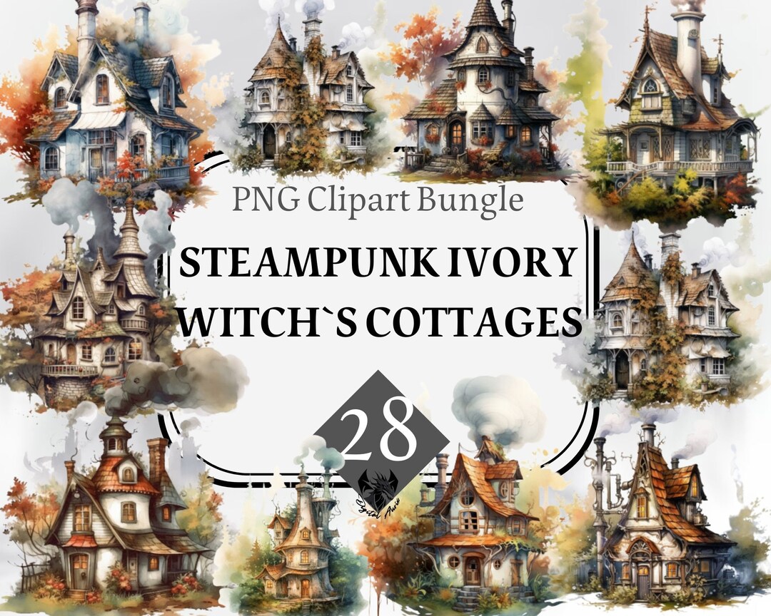 Steampunk Ivory Witch Cottage, Witch Cottage, Witch Clipart, Steampunk