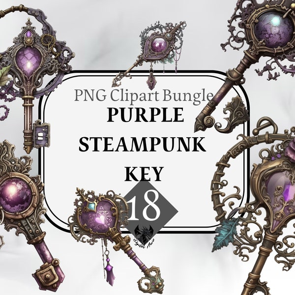 Purple Steampunk Key ClipArt, Watercolor Steampunk, PNG, Victorian Clipart Bundle, Digital art, Commercial Use, Instant Digital Download