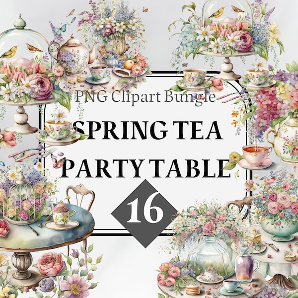 Aquarell Tea Party Tisch, Tea Party Tisch mit Blumen, Blüten, Frühlingsdekor, PNG, sofortiger Download, kommerzielle Nutzung, Sublimation