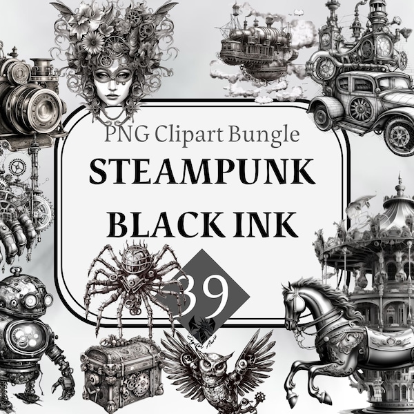 Steampunk Black Ink clipart, Transparent PNG vintage graphics, Sublimation, Digital Art, Instant Download, Junk Journal, Steampunk Owl,