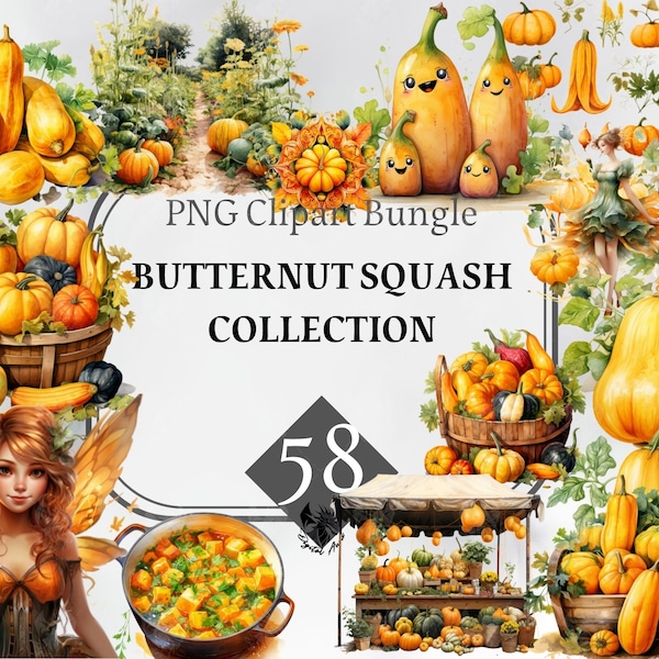 Watercolor Butternut Squash Clipart Bungle, vegetable garden clipart PNG farm house gardening, digital instant download Commercial Use