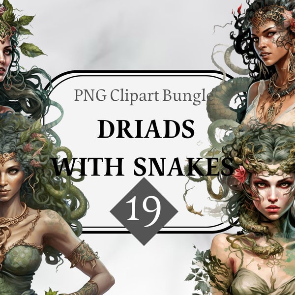 Watercolor driads with snakes clipart, digital art, Beautiful woman, digital download, fantasy clipart, PNG, magic clipart, dryad