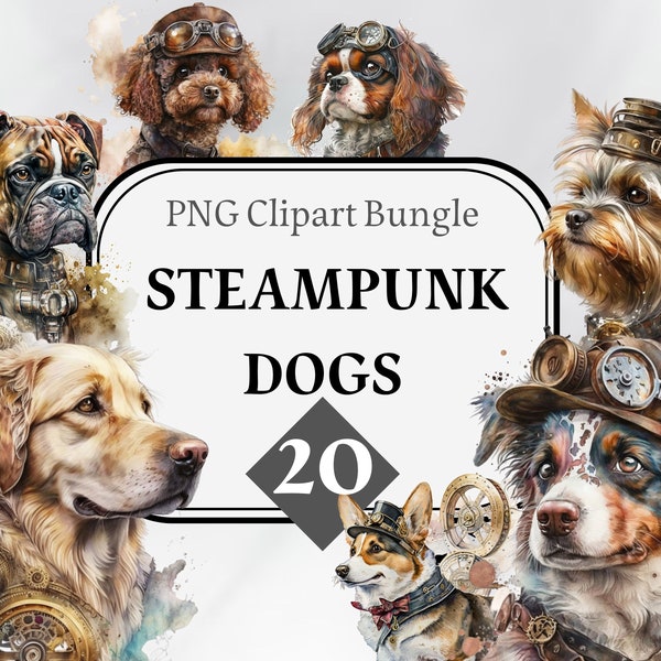 Steampunk Dogs Watercolor Clipart, PNG Steampunk Printables, Steampunk pets, Digital Steampunk, Watercolor Sublimation, Steampunk Dog PNG