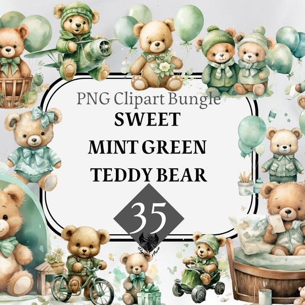 Watercolor Mint Green Teddy Bear ClipArt, for a boy, commercial use, Blue Balloons, baby shower, sublimation, digital download, baby boy