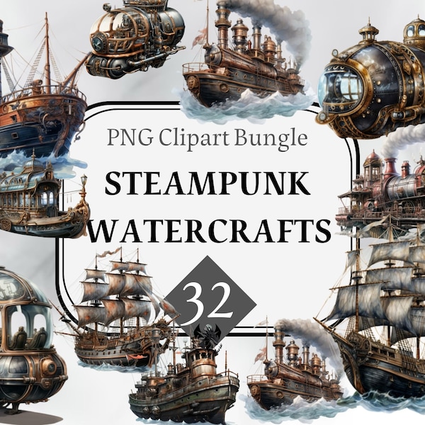 Steampunk Watercraft Clipart, commercial use, Digital art, Sublimation, Digital download, digital art, ship, warship, yacht, sailboat, boat