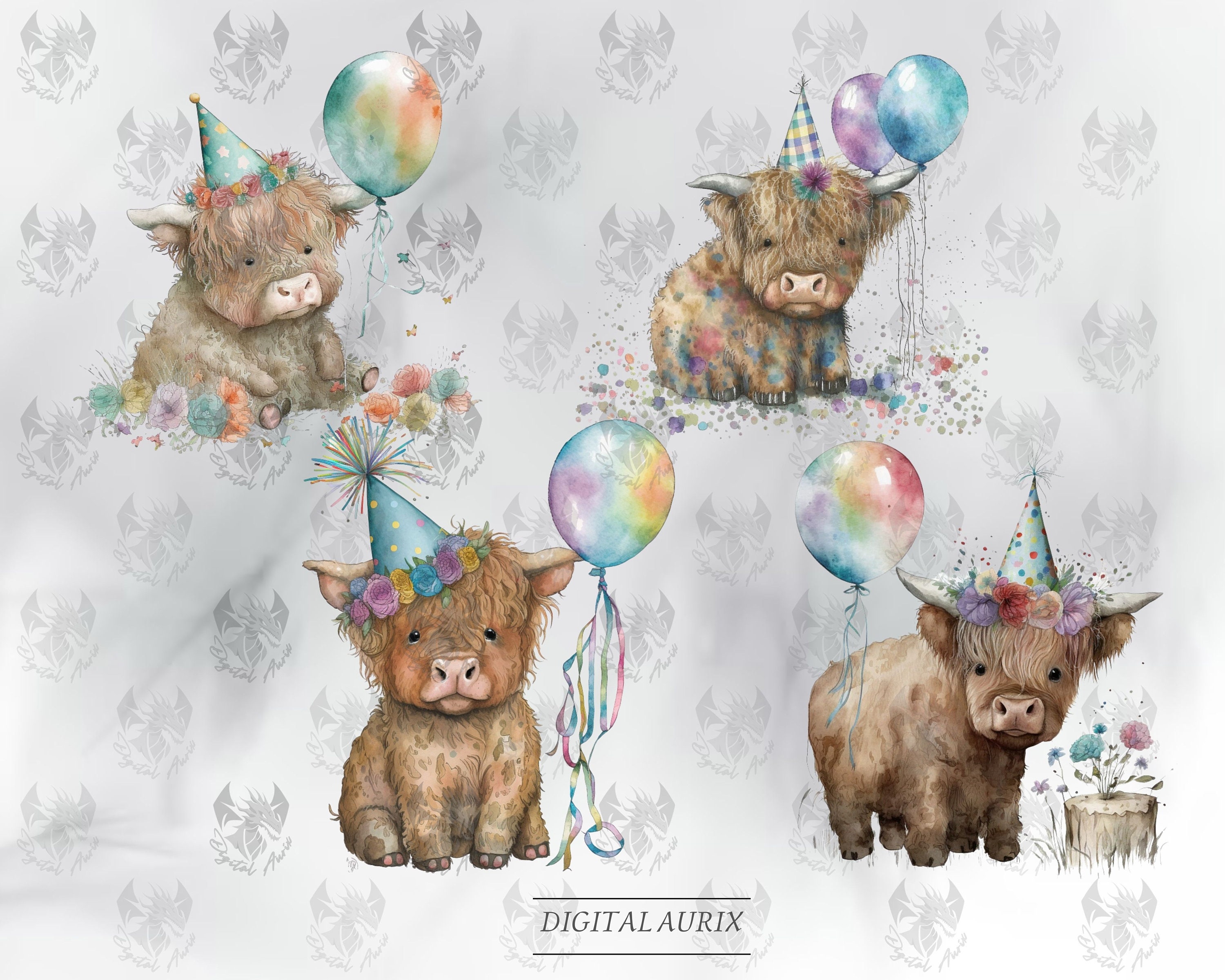 Highland Cow Baby Birthday Watercolor Clipart Cow - Etsy