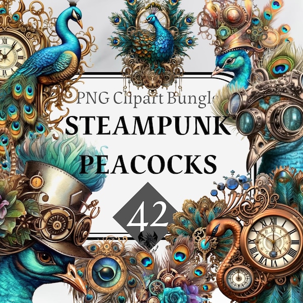 Steampunk Peacocks Clipart, Stunning Bird Illustrations, Invitations, Home Decor, Commercial Use, digital art, steampunk, peacocks clipart