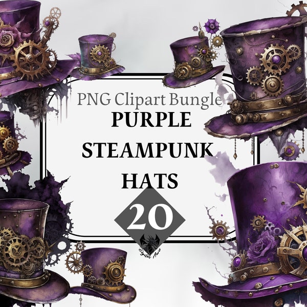 Purple Steampunk Hat ClipArt, Watercolor Steampunk PNG, Victorian Clipart Bundle, Fantasy Clipart, Commercial Use, Instant Digital Download