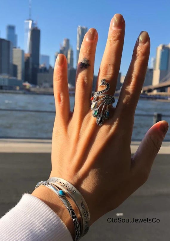 Multi stone ring, Crochet Ring peacock ring, bird… - image 1