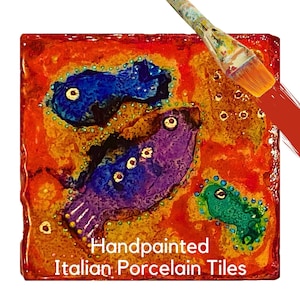 Decorative Fish Tile Abstract Art Hand Painted Colorful Accent Unique Designer Decorative Porcelain Gloss Gift Basket Colorful Funky Boho