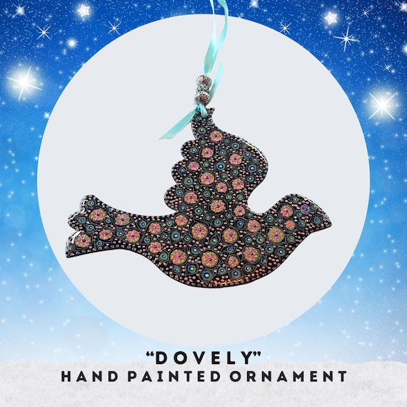 Ornament Decorative Dove Abstract Art Hand Painted Colorful Unique Designer Hanging Home Decor Wooden Glossy Christmas Colorful Funky Boho