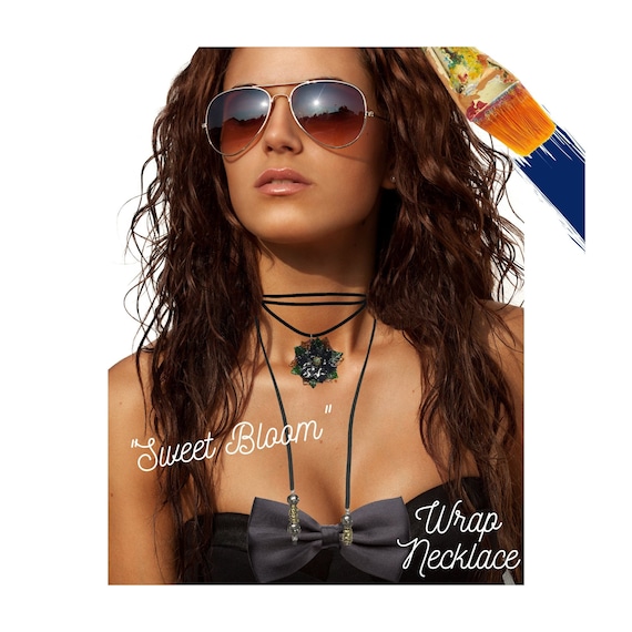 Wrap Around Tie Necklace Boho Retro Vegan Leather Choker Designer Jewelry Unique Art Flower Pendant Handmade Hand Painted Hippie Accessory
