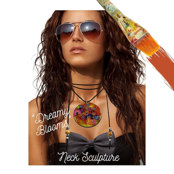 Wrap Around Tie Necklace Hand Painted Neck Sculpture Boho Retro Choker Designer Jewelry Abstract Wearable Art Big Flower Pendant Medallion