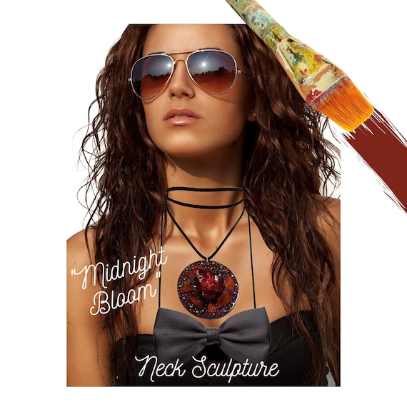 Wrap Around Tie Necklace Sculpture Boho Retro Choker Designer Jewelry Wearable Art Flower Pendant Handmade Hand Painted Festival Accessory