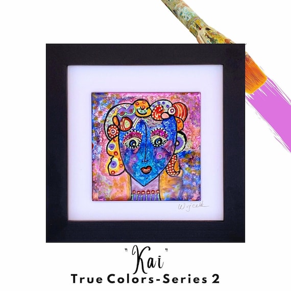 Abstract Art Tile Colorful Hand Painted Artistic Funky Face Unique Artsy Gift Decorative Artwork Glossy Boho Framed Wall Hanging Home Decor