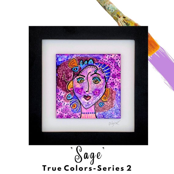 Abstract Art Tile Colorful Hand Painted Funky Face Unique Designer Artistic Decor Ceramic Glossy Gift Artsy Boho Retro Framed Wall Hanging
