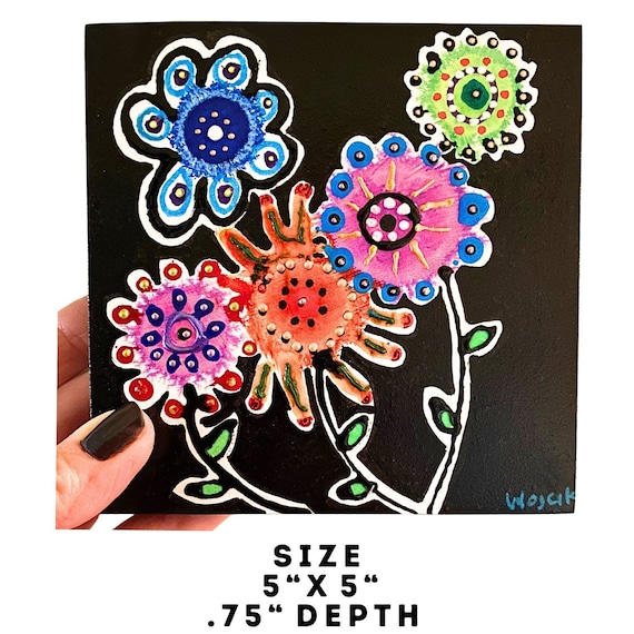 Original Abstract Floral Painting Hand Painted Artwork Wall Hanging Fine Art 5 x 5 Unique Mini Colorful Flower Artistic Small Retro Blooms