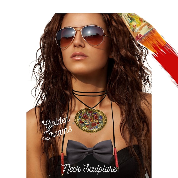 Sculpture Necklace Wrap Around Boho Retro Vegan Leather Choker Designer Jewelry Abstract Art Big Pendant Handmade Hand Painted Wearable Art