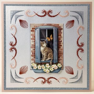 Unique Embroidered Greeting Card - Any Occasion Kitty in a Window - Stitched by Hand - Customizable