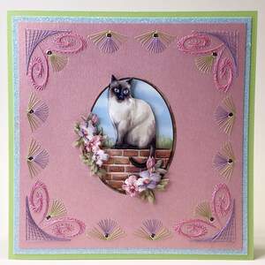 Carte de voeux brodée unique - chat siamois pour toutes les occasions - cousue à la main - personnalisable