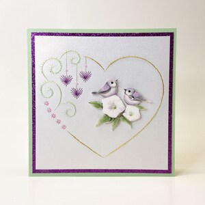 Carte de voeux brodée unique - oiseaux d'amour - cousue à la main - personnalisable