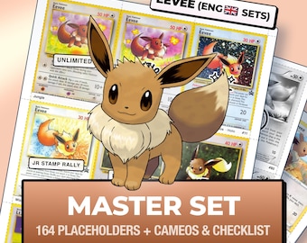 Páginas y lista de verificación del set maestro de Eevee, las 164 cartas en inglés + cameos, marcadores de posición imprimibles para el álbum de Pokémon (descarga digital)